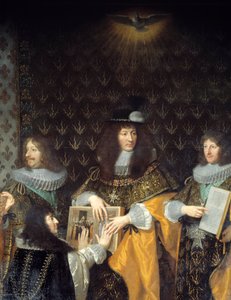 Król Ludwik XIV otrzymuje rycerza Orderu Ducha Świętego (Order Ducha Świętego) swojego brata księcia Andegawenii Detail. Obraz Philippe de Champaigne (1602-1674) Grenoble z XVII wieku, Musee des Beaux Arts autorstwa Philippe de Champaigne