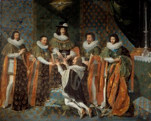 Przyjęcie przez Ludwika XIII (1601-1643) Henryka II Orleańskiego, księcia Longueville i Estouville, suwerennego księcia Neufchatel (1595-1663) Kawalera Zakonu Ducha Świętego 15/05/1633 Ludwika XIII otoczonego przez Claude