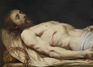 Martwy Chrystus położył na detalu Całunu od połowy do górnej części ciała, przed 1654 olej na drewnie