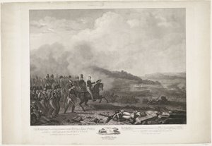 Książę Orange dowodzący oddziałami holenderskimi w bitwie pod Quatre-Bras, 1815 Jego Królewska Wysokość William, George, Frederik, Lodewijk, następca tronu Królestwa Niderlandów na czele armii holenderskiej przeciwko armii francuskiej przez Quatre-B autorstwa Philippus Velijn