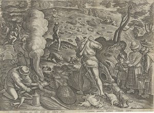 Konijnenjacht Jachttaferelen (tytuł serii) W którym każdy rodzaj polowania, ptactwa i wędkarstwa (tytuł serii) autorstwa Philips Galle (possibly)