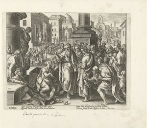 Paweł uzdrawia kalekę w Listrze Dzieje Apostolskie (tytuł serii) Acta Apostolorum (tytuł serii) autorstwa Philips Galle (possibly)