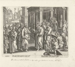 Paweł kłóci się z czarownikiem Elimasem Dzieje Apostolskie (tytuł serii) Acta Apostolorum (tytuł serii) autorstwa Philips Galle (possibly)