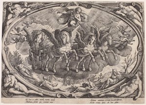 Apollo (Sol) z rydwanem słońca (Cztery pory roku ze słońcem, strona tytułowa) autorstwa Philips Galle