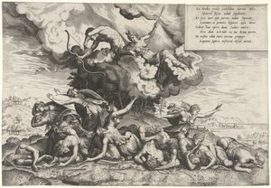 Apollo i Diana zabijają dzieci Niobe autorstwa Philips Galle