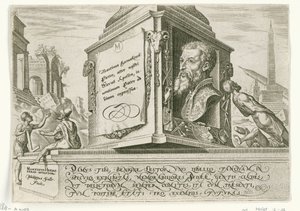 Portret Maartena van Heemskercka na cokole kolumny Dni zagłady narodu żydowskiego (tytuł serii) autorstwa Philips Galle