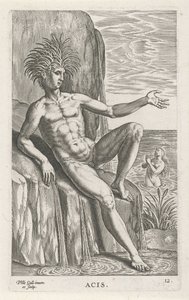 Riviergod Acis Asy (tytuł na obiekcie) Rivier- en zeegoden (tytuł serii) Eleganckie portrety morskich półbogów i pieczęci Amnicus (tytuł serii) autorstwa Philips Galle