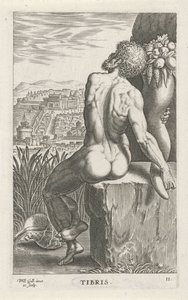Riviergod Tiber Plemiona (tytuł na obiekcie) Rivier- en zeegoden (tytuł serii) Eleganckie portrety morskich półbogów i pieczęci Amnicus (tytuł serii) autorstwa Philips Galle