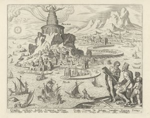 Latarnia morska w Aleksandrii Pharos (tytuł na obiekcie) Osiem cudów świata (tytuł serii) autorstwa Philips Galle