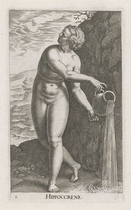 Waternimf Hippocrene Hippocrene (tytuł na obiekcie) Stroom- nimfa wodna (tytuł serii) Nympharum oceanitidum , Ephydridum potamidum naiadum (tytuł serii) autorstwa Philips Galle