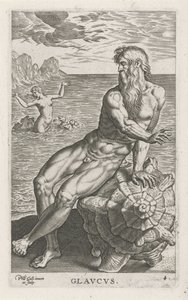Zeegod Glaucus Glavcvs (tytuł na obiekcie) Rivier- en zeegoden (tytuł serii) Eleganckie portrety morskich półbogów i pieczęci Amnicus (tytuł serii) autorstwa Philips Galle
