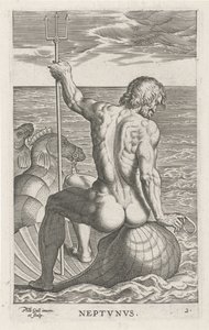 Zeegod Neptune Neptvnvs (tytuł na obiekcie) Rivier- en zeegoden (tytuł serii) Eleganckie portrety morskich półbogów i pieczęci Amnicus (tytuł serii) autorstwa Philips Galle