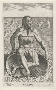 Zeegod Nereus Nerewy (tytuł na obiekcie) Rivier- en zeegoden (tytuł serii) Eleganckie portrety morskich półbogów i pieczęci Amnicus (tytuł serii) autorstwa Philips Galle