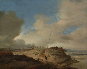 Krajobraz wydm ze słupem sygnałowym autorstwa Philips Wouwerman