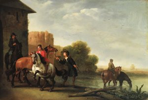 Jeźdźcy podający konie autorstwa Philips Wouwermans or Wouvermans