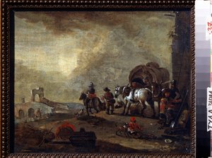 Podróżni w drodze. Obraz Philipsa Wouwermana (1619-1668). Olej na płótnie, 33,5 x 41,5 cm. Sztuka flamandzka, styl barokowy. Państwowe Muzeum Sztuki, Tula (lub Tolan), Rosja.