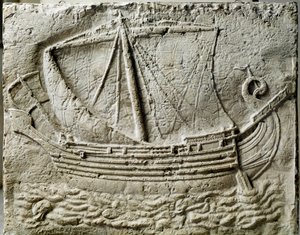 Sztuka fenicka: płaskorzeźba sarkofagu przedstawiająca statek handlowy - Ze starego portu Sydon (Saidoon) w Libanie - Paryż, musee du Louvre - Fenicki statek handlowy - Detal reliefu kamiennego sarkofagu znalezionego w Sydonie (Liban) - Luwr , Paryż