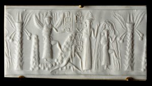 Cywilizacja fenicka: bóg wody mówi pieczęć „Narodziny wiosny”. 2200 pne. Od Tello. Paryskie Muzeum Luwru