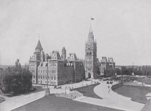Blok Centralny, Budynki Parlamentu, Ottawa (zdjęcie czarno-białe) autorstwa Photographer Canadian