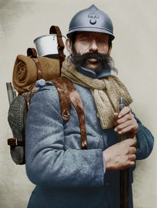 Portret francuskiego żołnierza w mundurze wojskowym, I wojna światowa (zdjęcie kolorowe)