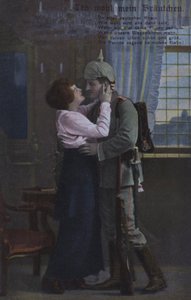 Niemiecki żołnierz żegnający się z żoną przed wyruszeniem na wojnę (kolorowe zdjęcie) autorstwa Photographer German