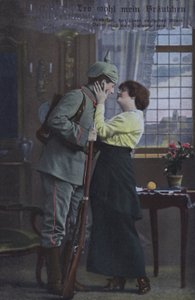 Niemiecki żołnierz żegnający się z żoną przed wyruszeniem na wojnę (kolorowe zdjęcie) autorstwa Photographer German