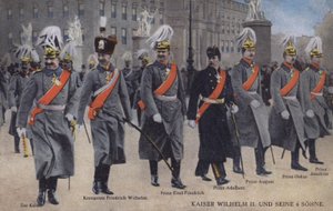 Kaiser Wilhelm II Niemiec i jego sześciu synów w mundurach wojskowych (kolorowe zdjęcie)