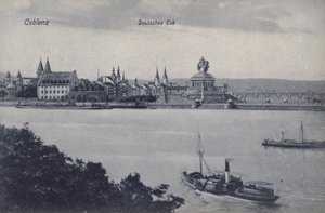 Pomnik cesarza Wilhelma I, Deutsches Eck, Koblencja, Niemcy (zdjęcie czarno-białe) autorstwa Photographer German