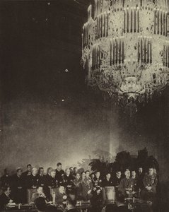 Podpisanie Trójstronnego Paktu tworzącego Oś Japonii, nazistowskich Niemiec i faszystowskich Włoch w Kancelarii Rzeszy, Berlin, II wojna światowa, 27 września 1940 (zdjęcie czarno-białe) autorstwa Photographer German