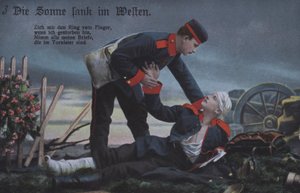 Słońce zaszło na zachodzie: niemiecki żołnierz pociesza umierającego towarzysza na polu bitwy (kolorowe zdjęcie) autorstwa Photographer German