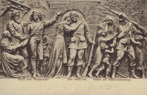 Pożegnanie, płaskorzeźba na Nationaldenkmal, pomnik upamiętniający zjednoczenie Niemiec, Rudesheim am Rhein, Hesja (zdjęcie czarno-białe) autorstwa Photographer German