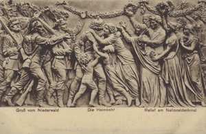 Powrót do domu, płaskorzeźba na Nationaldenkmal, pomnik upamiętniający zjednoczenie Niemiec, Rudesheim am Rhein, Hesja (zdjęcie czarno-białe) autorstwa Photographer German