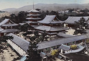 Japonia, ok. 1912: Horyu-ji, najstarsza świątynia buddyjska w Japonii, zbudowana około 1300 lat temu, Yamato (zdjęcie)