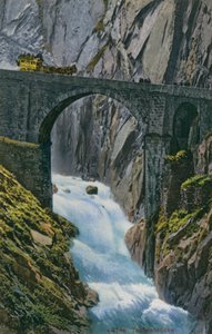 Powóz przejeżdżający przez Teufelsbrucke nad wąwozem Schollenen w Szwajcarii. Pocztówka wysłana w 1913 roku.