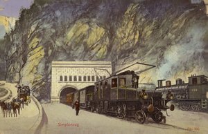 Pociąg przy wjeździe do tunelu Simplon (zdjęcie kolorowe)