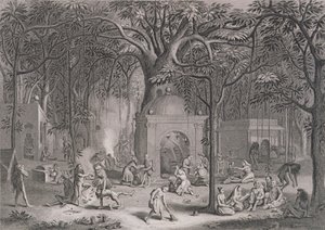 Hinduscy fakirowie praktykujący swoje przesądne obrzędy, grawerowane przez Bella, z World Religion, wydane przez A. Fullarton & Co. autorstwa Picart
