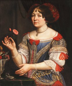 Portret damy, długość trzech czwartych, w niebiesko-czerwonej haftowanej sukience
