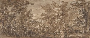 Scena leśna, postój na lewo, polowanie w centrum, 1612-66. autorstwa Pier Francesco Mola