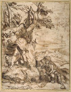Św. Hieronim czytanie na pustyni, według Tycjana (ok. 1488-1576) (pióro trzcinowe i brązowy tusz z brązowym washem na kremowym papierze)
