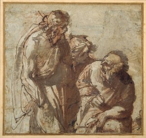 Św. Piotr zaprzecza Chrystusowi (pióro i brązowy tusz z brązowym lakierem) autorstwa Pier Francesco Mola