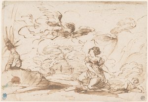 Anioł ukazujący się Hagar i Izmaelowi na pustkowiu, ok. 1645 (pióro i brązowy tusz z brązowym tuszem na papierze) autorstwa Pier Francesco Mola