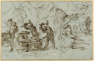 Kuźnia Wulkana (pióro i tusz z washem, wzmocnione gwaszem na papierze) autorstwa Pier Francesco Mola