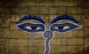 Szczegóły świątyni Swayambhunath w Katmandu, Dolina Katmandu (lista światowego dziedzictwa UNESCO autorstwa Blaise Nicolas Le Sueur