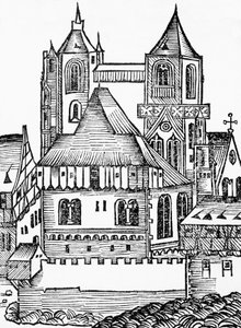 Opactwo Montecassino, drzeworyt niemiecki, z Kroniki Norymberskiej (Liber Chronicarum) Hartmanna Schedla autorstwa Blaise Nicolas Le Sueur