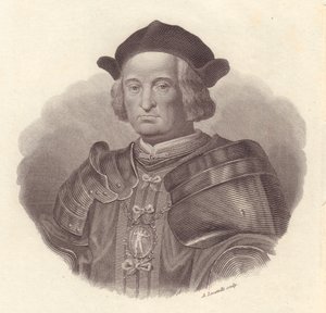 Portret włoskiego dowódcy wojskowego i polityka Gian Giacomo Trivulzio (1440-1518), miedzioryt Locatelli autorstwa Blaise Nicolas Le Sueur