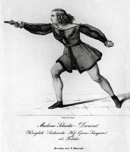 Portret Wilhelminy Schroder-Devrient (1804-1860), niemieckiej sopranistki, w roli Leonory w Fidelio lub miłości małżeńskiej, autorstwa Ludwiga van Beethovena (1770-1827), rycina autorstwa Blaise Nicolas Le Sueur
