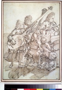 "Koncert" Karykatura przedstawiająca koncert pięciu muzyków (kwintetu) grających na lutni, skrzypcach, fortepianie, wiolonczeli. Rysunek piórem i tuszem Pier Leone Ghezzi (1674-1755) XVIII-wieczne Muzeum Puszkina, Moskwa