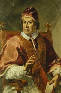 Portret papieża Klemensa XI siedzącego do połowy długości, w papieskiej szacie, trzymającego list, autorstwa Pier Leone Ghezzi