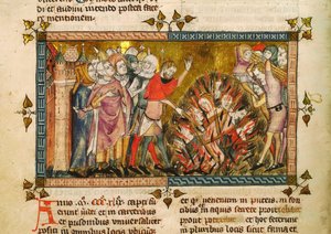 Spalenie Żydów w 1349 r. Miniatura z: Tractatus Quartus autorstwa Gillesa de Muisit, ca. autorstwa Pierart dou Tielt