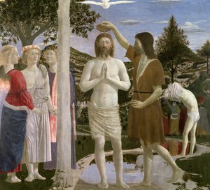 Chrzest Chrystusa, detal przedstawiający Chrystusa, Jana Chrzciciela i aniołów, 1450 tempera jajowa na płycie